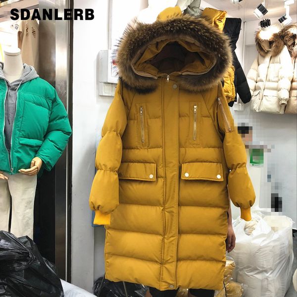 

large fur collar down cotton padded woman 2019 new winter medium long parkas thicken wadded jacket female outwears overcoat, Black