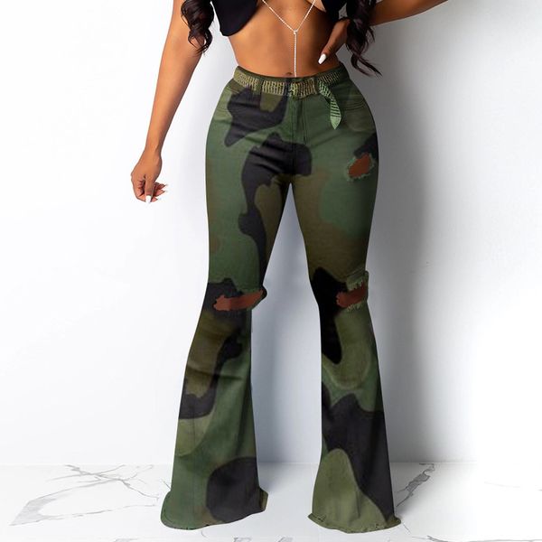 

women hole pants zipper high waist flare jeans denim cool active wear long camouflage print pants trouser autumn spring#g7, Black;white