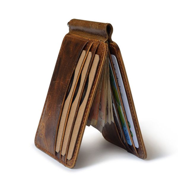 

new vinatge men's genuine leather wallet small purse slim card case slim holder for money cash metal clamp, Red;black