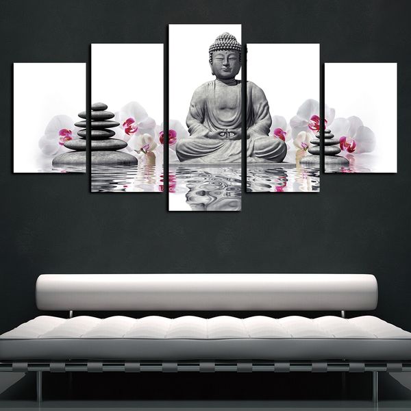 

5 panels canvas wall art stone statue of buddha paintings poster print on canvas oil painting white moth orchid flowers wall artworks