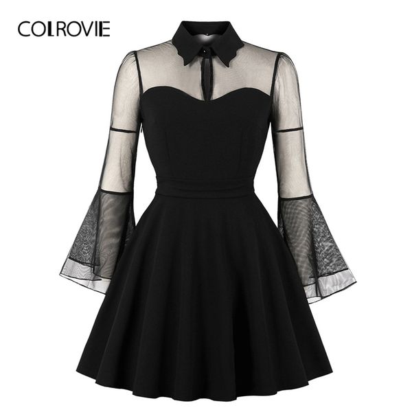 

colrovie black collar contrast mesh solid vintage shirt dress women 2019 spring fashion long sleeve elegant office short dress, Black;gray