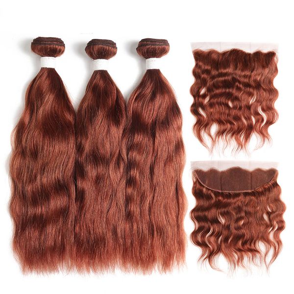 

silanda hair pure color #33 natural wave remy human hair weaves 3 weaving bundles with 13x4 lace frontal ing, Black;brown