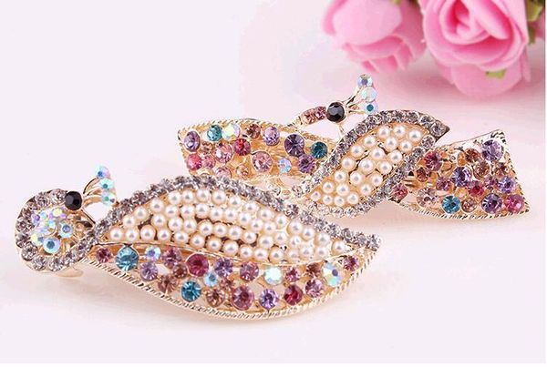 

2015 новый полный кристалл стразы шпилька зажим для волос мода павлин листья головные уборы заколки для женщин 8 цветов можно выбрать, Golden;silver