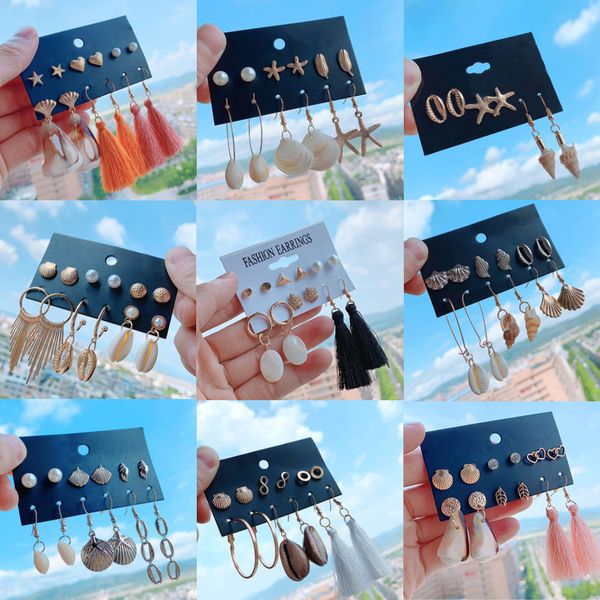 

new boho pairs mix design shaped fringe shell fish earrings set for women bohemia starfish heart circles ear stud cuff earrings, Golden;silver