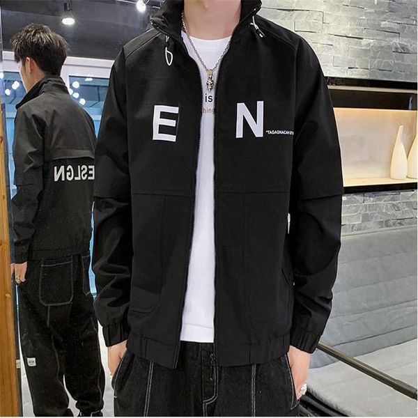 

sleeved solid color mens clothing mens designer letter print jacket zipper lapel neck mens coats long, Black;brown
