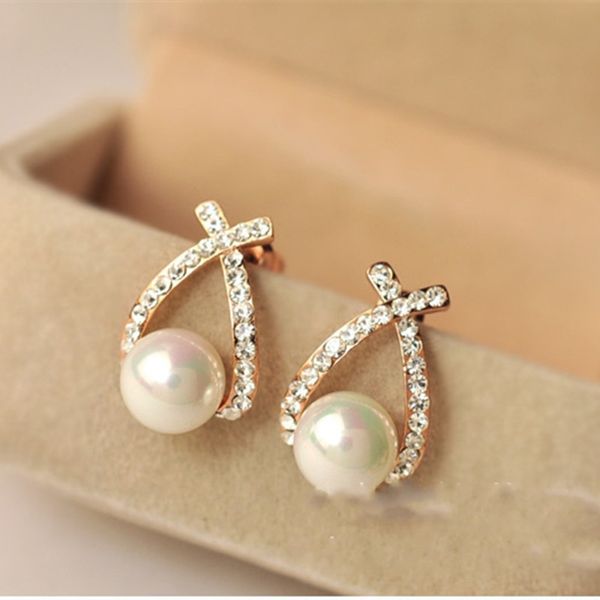 

e0156 fashion jewelry simulated pearl drop earrings cute bowknot dangle earrings for women shiny crystal wedding jewelry elegant, Silver