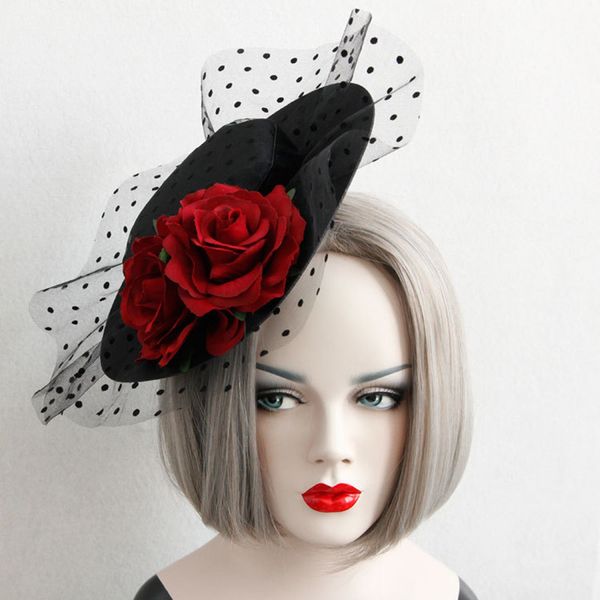 

red rose flower hat tiara hair jewelry for women lace party wedding hair clips female halloween vintage head jewelry 2019, Golden;white