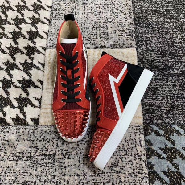 

red suede leather + strass high rhinestone spikes sneakers red bottom shoes party wedding red sole leisure flats 29, Black