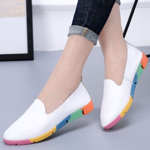 

women flats shoes colored sole female shoes woman loafers cow genuine leather ladies slip on peas women sneakers, Black
