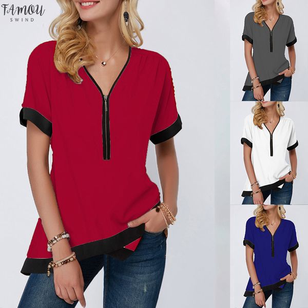 

plus size 5xl new autumn women short sleeve chiffon shirt deep v neck zipper camisetas mujer blouse blusas, White