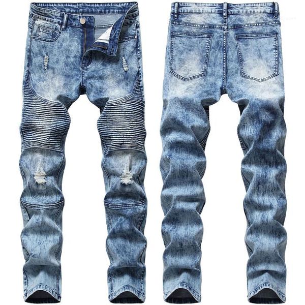 

fashion designer hip hop mens jeans slim holey mens jeans distressed ripped biker denim for men, Blue