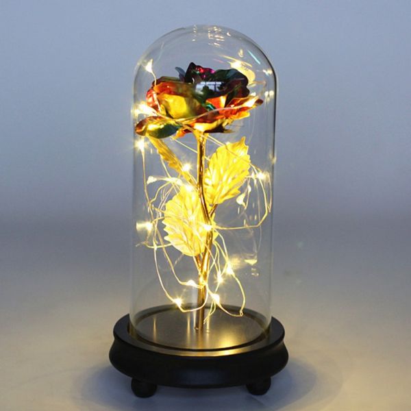 

gold foil artificial flower red rose with led light in glass dome for wedding party valentine's day christmas day gift