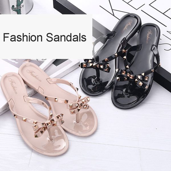 

sweet flip-flops bow flat jelly sandals rivets for ladies 1 pair waterproof fashion, Black