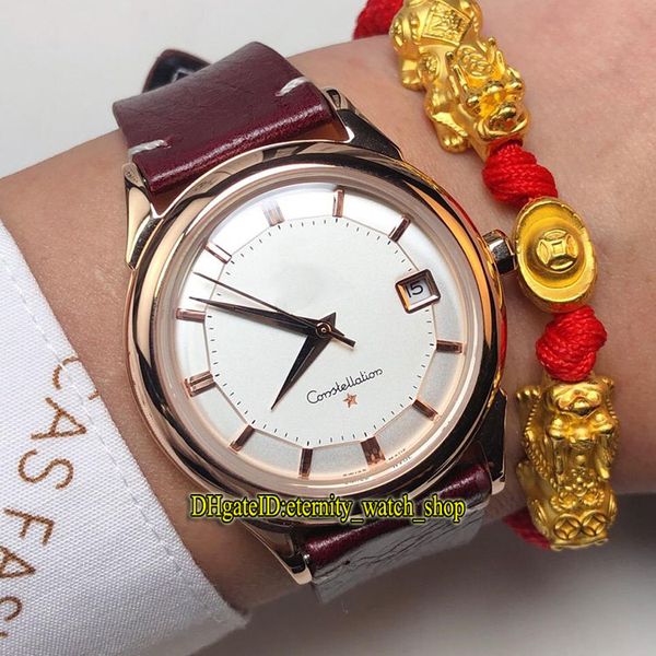 

classics of the 1960s vintage 30 white date dial japan miyota automatic mens watch rose gold case retro leather band watches, Slivery;brown