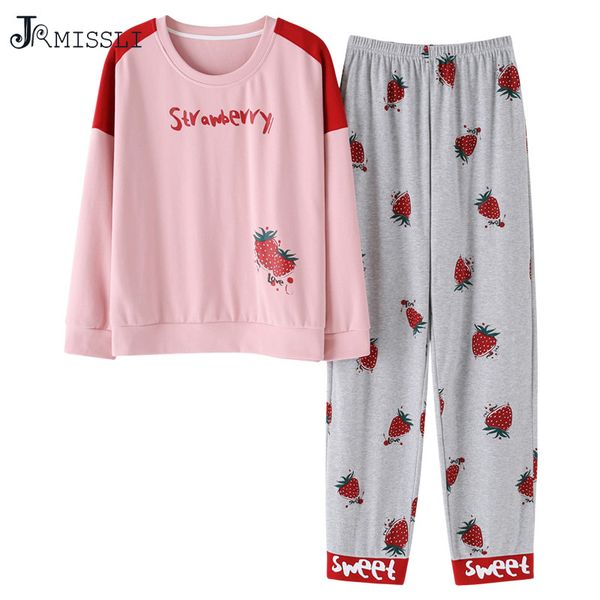 

jrmissli women pajamas set pink strawberry casual cotton sleepwear suit 2 piece spring homewear lounge pant suit for women, Blue;gray