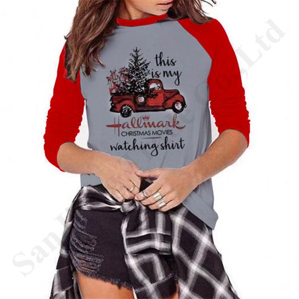 

women's christmas shirt this is my hallmark movies watching letter t-shirt patchwork long sleeve crew neck women blouse tee a112001, White