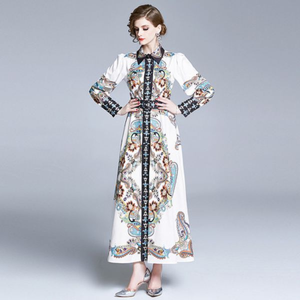 

designer runway dress 2020 new women loose plus size casual vintage printed dresses maxi dress vestidos, Black;gray