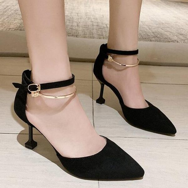 

fashion metal buckle lace-up pumps women shoes elegant thin high heel point toe women party dress stiletto high heel shoes, Black