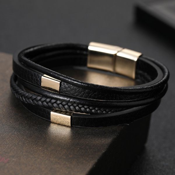 

braided genuine leather bracelet for men male bangle wrap stainless steel magnetic-clasp bangles multi-layers handmade jewelry, Golden;silver