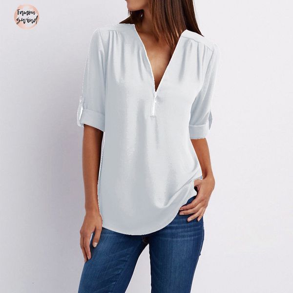 

мода блузки шею с коротким рукавом лето шифон женщин топы и рубашки на молнии плюс размер 5xl вскользь женские топы, White