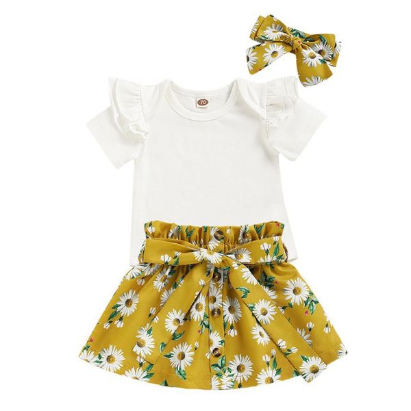 

newborn kids summer clothes set birthday baby girls outfits suit solid color + skirts +hairbands new, White