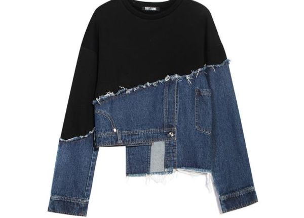 

new casual denim panelled designer hoodies women cool loose long sleeved crew neck pullover sweatshirts fashion womens hoodies, Black