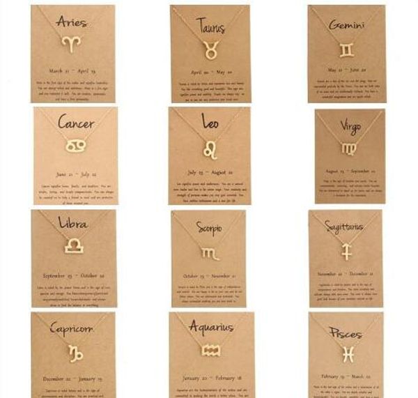

12 zodiac necklaces with gift card constellation sign pendant gold chains necklace for men women fashion jewelry in bulk gb1531, Golden;silver
