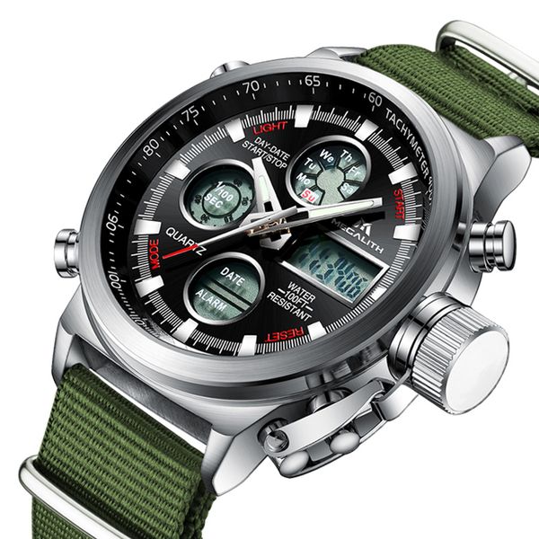 

megalith led digital sports watch men army green nylon strap watch for mens waterproof chronograph alarm watches erkek saat, Slivery;brown
