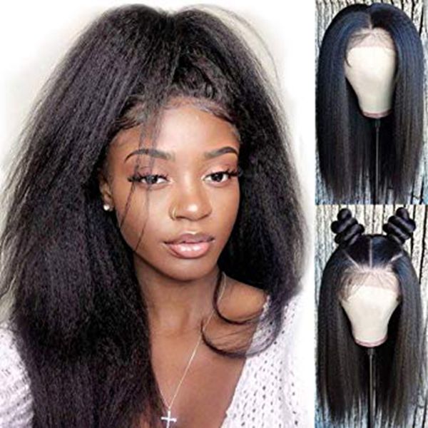 

18in synthetic front lace wig yaki straight 180%density mid part for african american woman combs & straps, Black