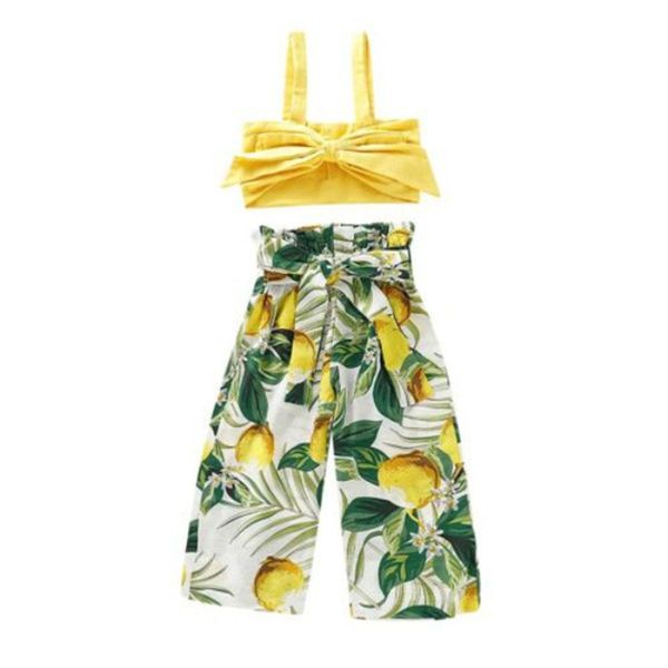 

2020 summer 2pcs newborn toddler infant baby girl clothes yellow t-shirt +long lemon pants outfit casual set, White