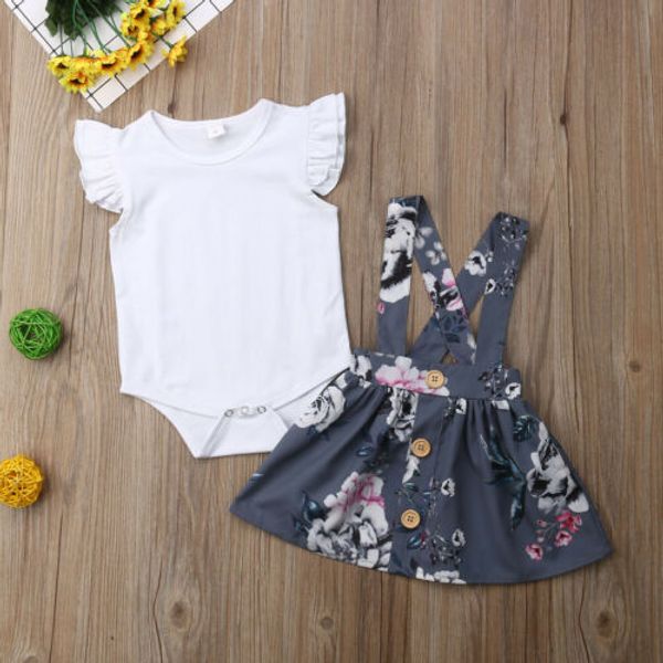 

boutique girl clothes infant baby girl ruffle romper floral tutu skirt 2pcs clothes outfit set, White