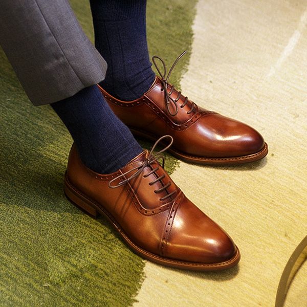 

pointed toe laces man formal dress shoes genuine leather party oxfords handmade men's medallion flats nhs101, Black