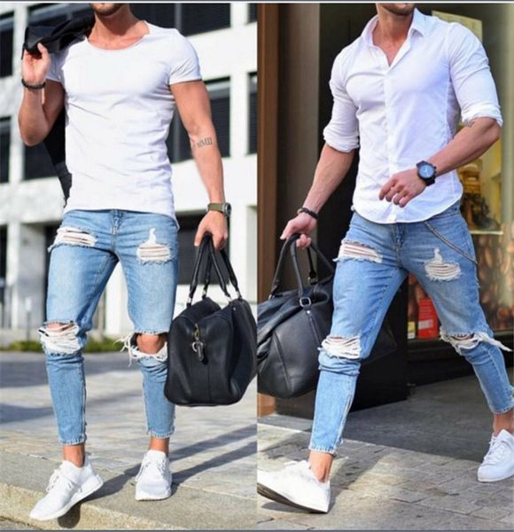 

mens designer washed hole jeans street style cool sample blue skinny pencil pants mens fashion jeans