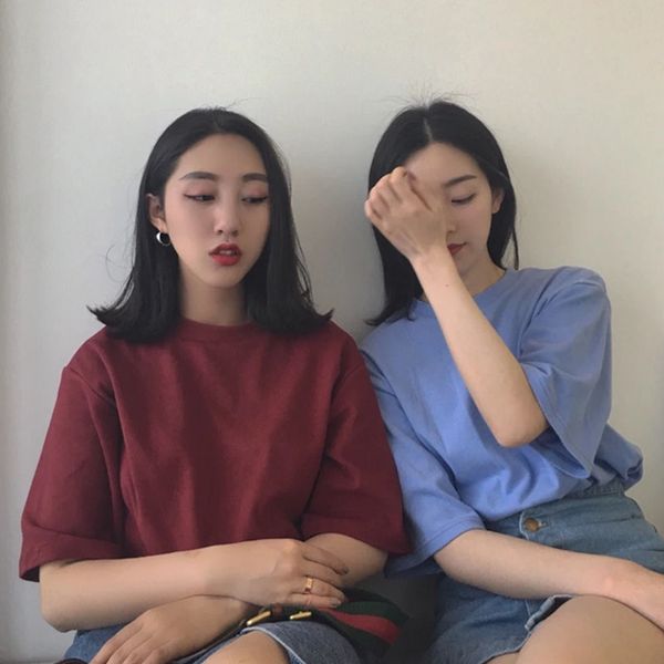 

2019 spring new retro korean chi loose thin pure color round collar short sleeve t-shirt mw101, White