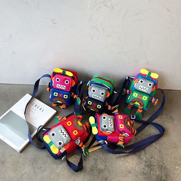 

mini robot messenger bag kids designer shoulder bags fashion cartoon canvas printed bags kids birthday gifts, White