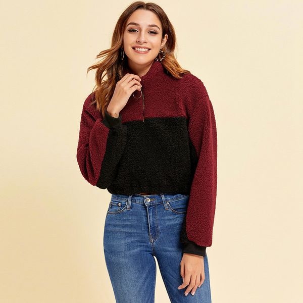 

women jacket winter fashion patchwork cashmere long sleeve short coat lapel design jacket women casual #xm4, Black