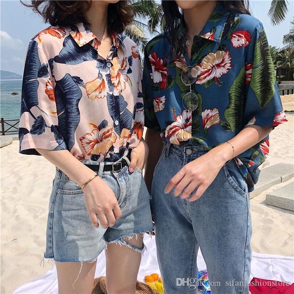 

женщины блузка и топы печатные старинные корейские с коротким рукавом повседневные blusas гавайский пляж женские женские рубашки, White