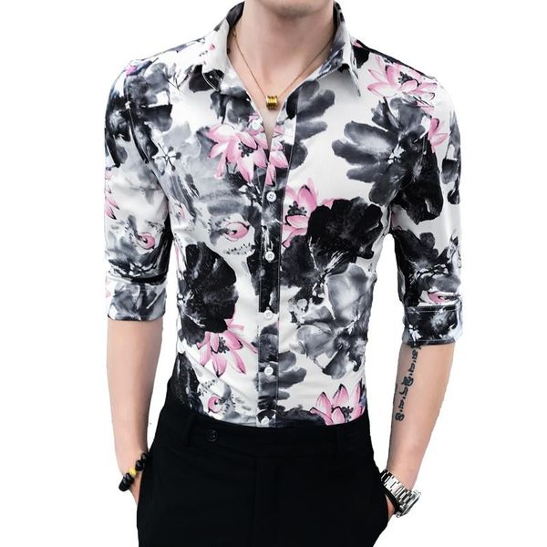 

loldeal men's cropped sleeve shirt printed lotus shirt, cotton slim casual men's shirt, White;black