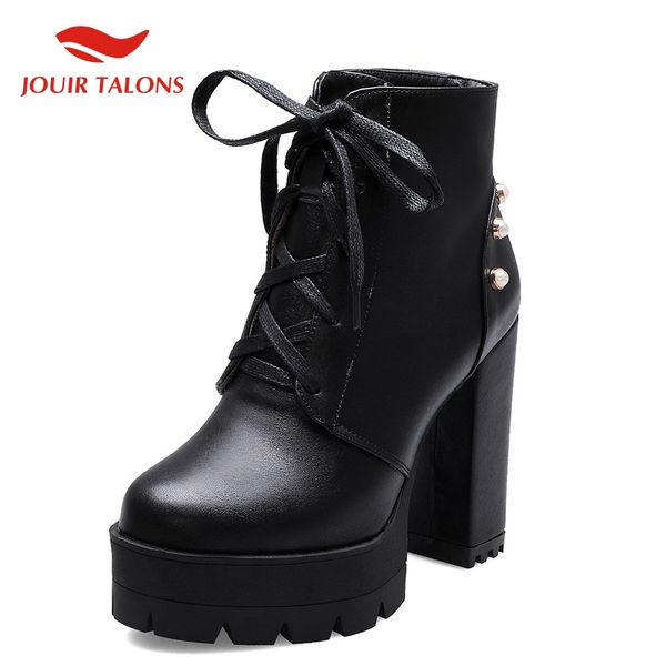 

brand 2020 big size 44 high heels winter shoes woman motorcycles boots female platform shoelaces ankle boots women shoes, Black