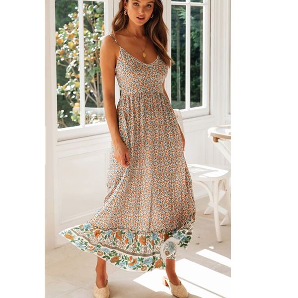 

2020 bohemian flower print long dress v neck backless sleeveless ruffles halter dress summer beach boho women maxi dresses, White;black