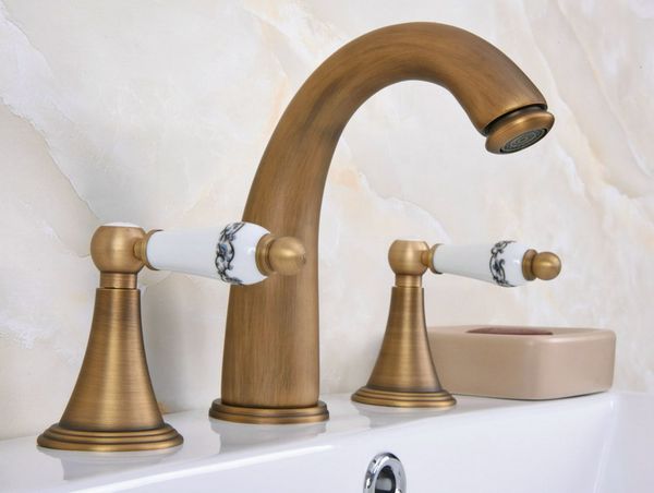 

antique brass dual ceramic flower levers handles widespread 3 hole install bathroom sink basin faucet mixer taps aan082