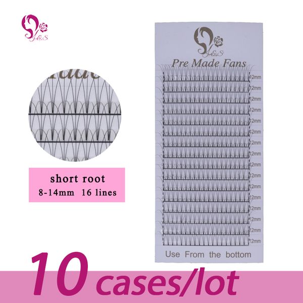 

j&s russian volume eyelashes extension 3d short stem pre made fans 16 rows 0.07mm 0.10mm 10 trays individual lashes
