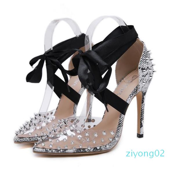 

woman designer high heel shoes snake grain rivets spike pointed toe pumps size 35 to 40 z02, Black
