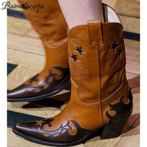 

buono scarpe western women's boots embrodery boots cowboy fretwork retro botas fenimina genuine leather stars runway women, Black