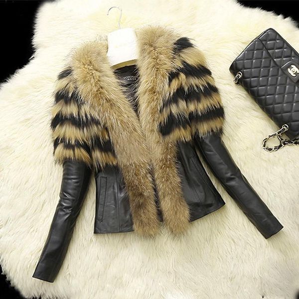 

female faux fur pu winter coat 2018 casual plus size short fluffy coat faux fur collar winter leather jacket women 6xl, Black