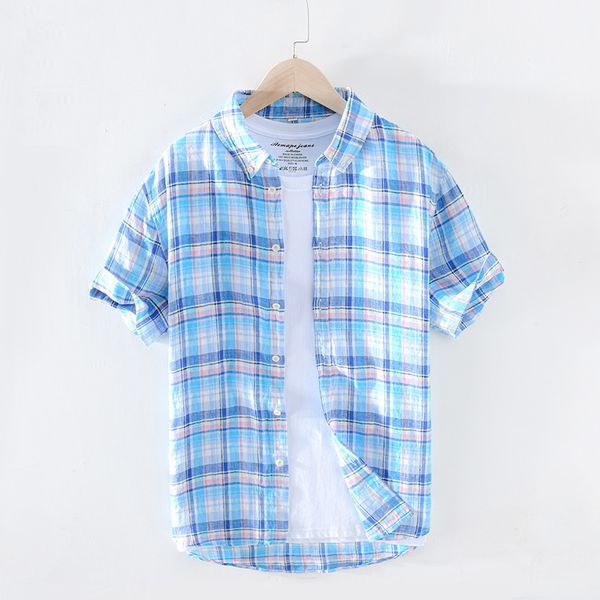 

100% pure linen summer plaid shirts for men short sleeve fashion shirt man casual turn-down collar y2626, White;black