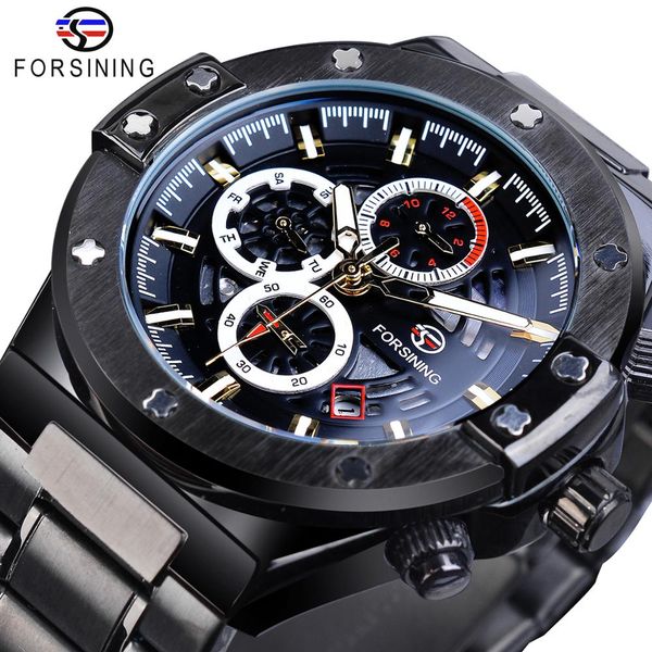 Forsining Racing Men Mechanical Watch Automatische Schüler Spiel Run Kalender Mann Glühhände schwarze Edelstahlgürtel Gürteluhr Uhr