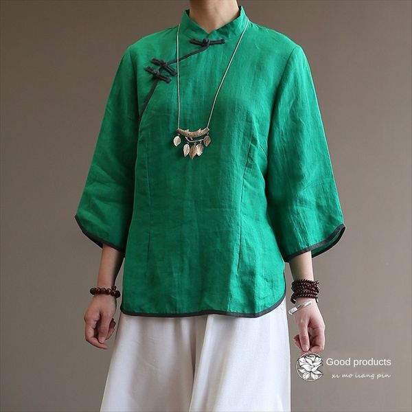 

1932 xi mo 2020 women's chinese style slant loose ramie handmade shirt shirt buckle top, White