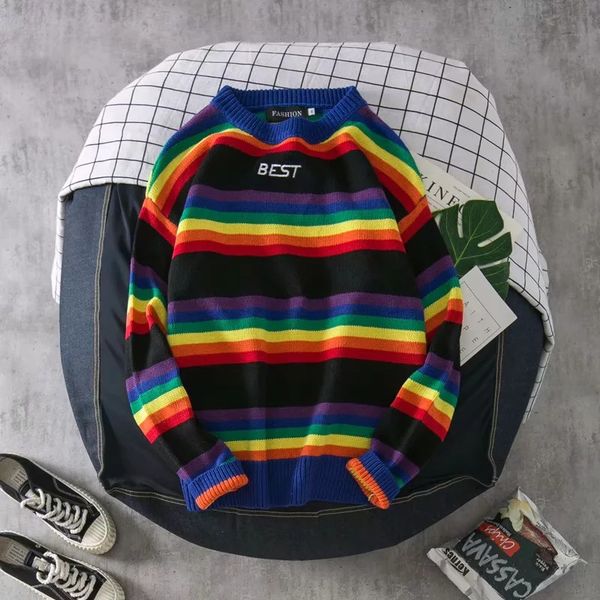 

Men's & Women's Sweater Fashion Mens Rainbow Striped Hoodies Casual Couple Loose Crew Neck Sweatshirt 2 Styles Size M-2XL