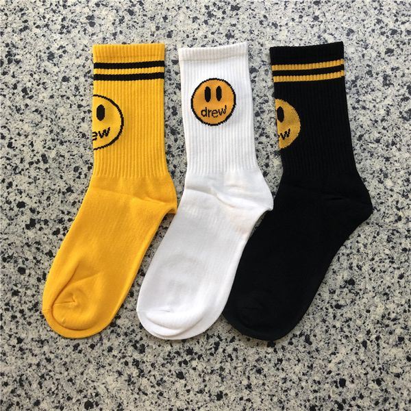 

drew house мода рисовала дом носков хлопка нижнего белье носков унисекс мужчины женщина dh черной желтый hip hop дизайнерские носки, Black